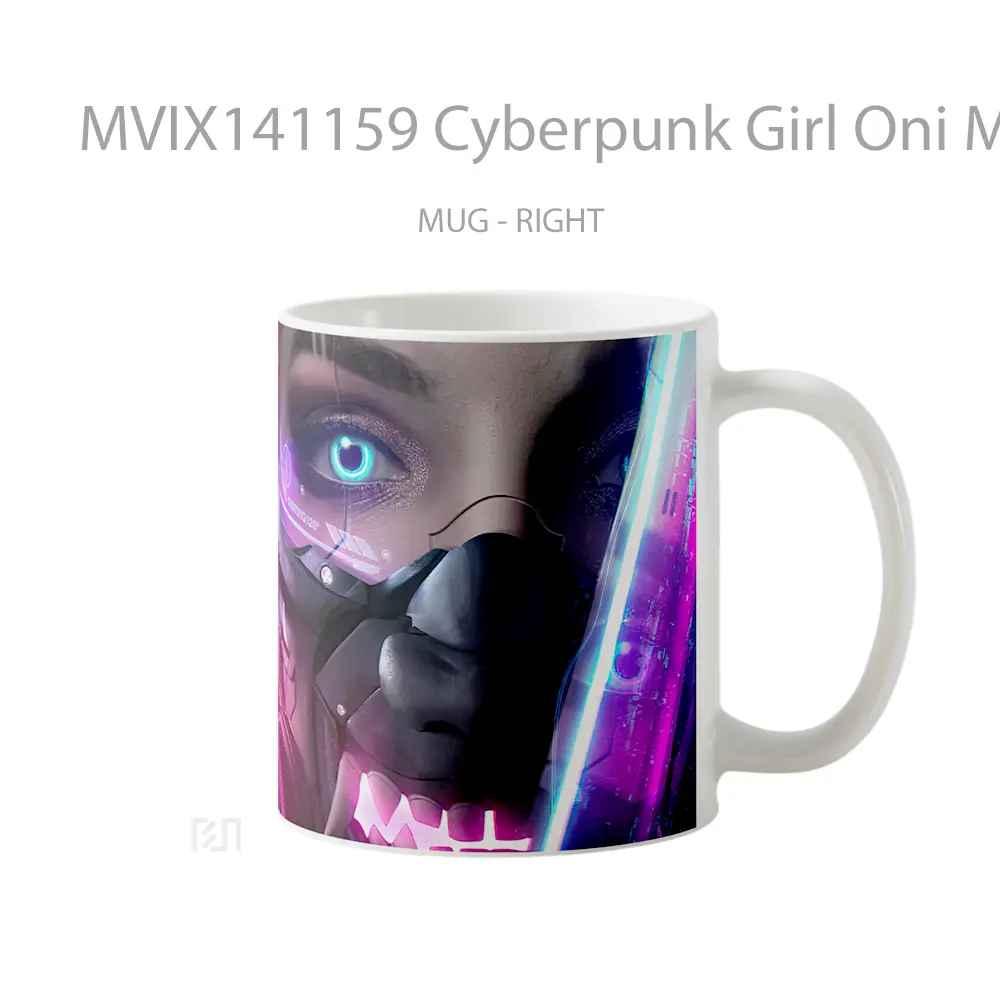 Mug Cyberpunk Girl Oni Mask Sci Fi Digital Art Gelas Keramik Unik - All-side / Desain