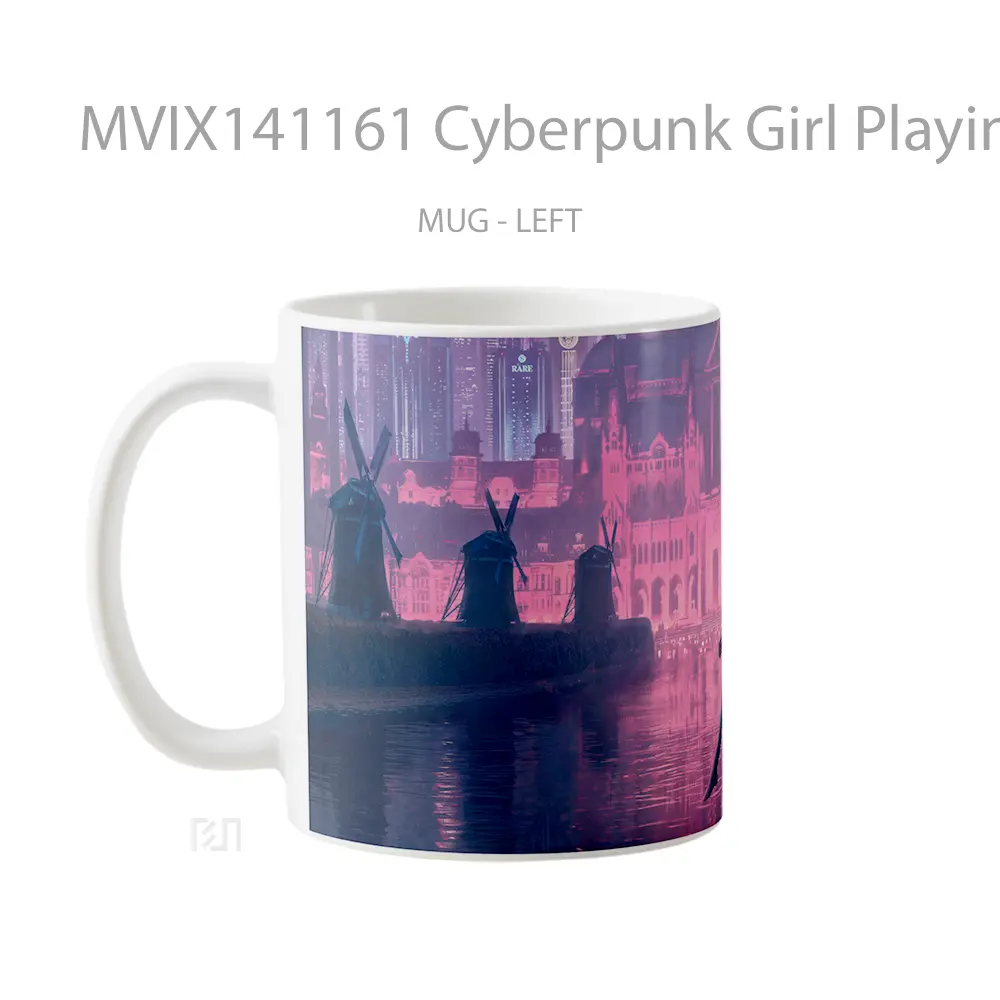 Mug Cyberpunk Girl Playing Guitar With Ca Gelas Keramik Unik - All-side / Desain