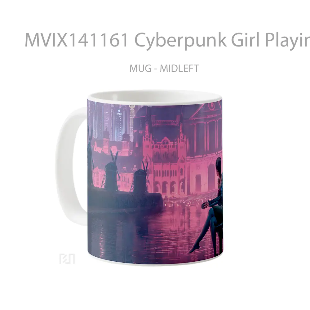 Mug Cyberpunk Girl Playing Guitar With Ca Gelas Keramik Unik - All-side / Desain