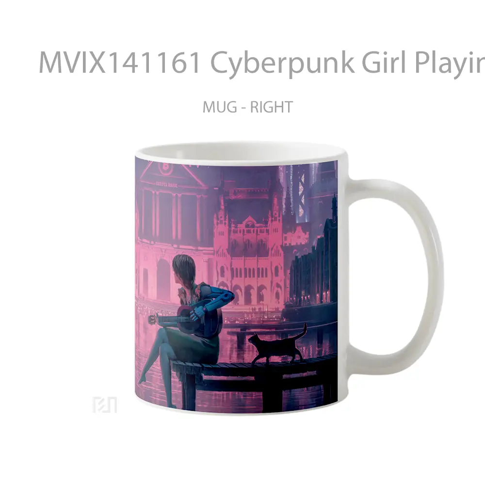 Mug Cyberpunk Girl Playing Guitar With Ca Gelas Keramik Unik - All-side / Desain