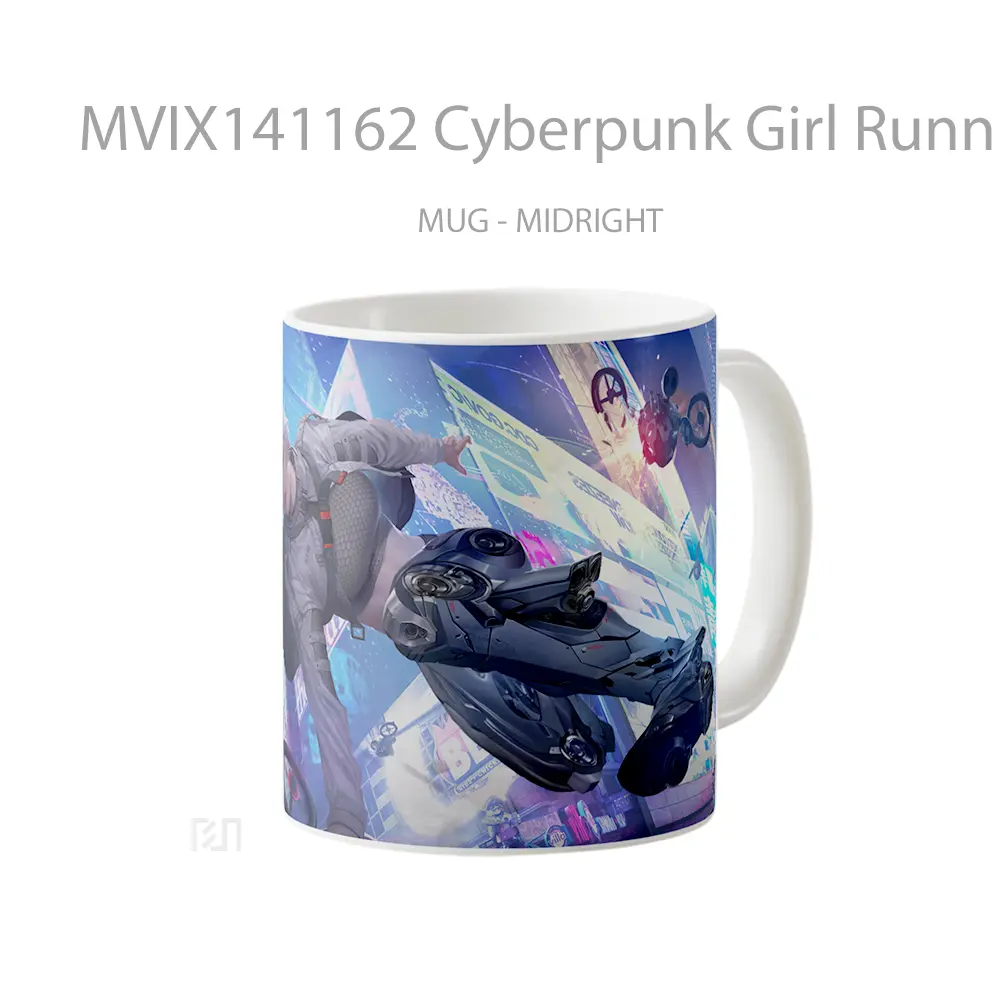 Mug Cyberpunk Girl Running Sci Fi Gelas Keramik Unik - All-side / Desain