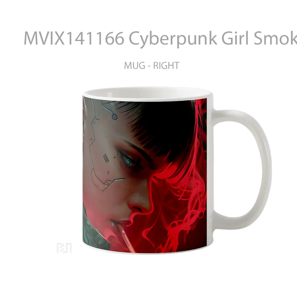 Mug Cyberpunk Girl Smoking Sci Fi Gelas Keramik Unik - All-side / Desain