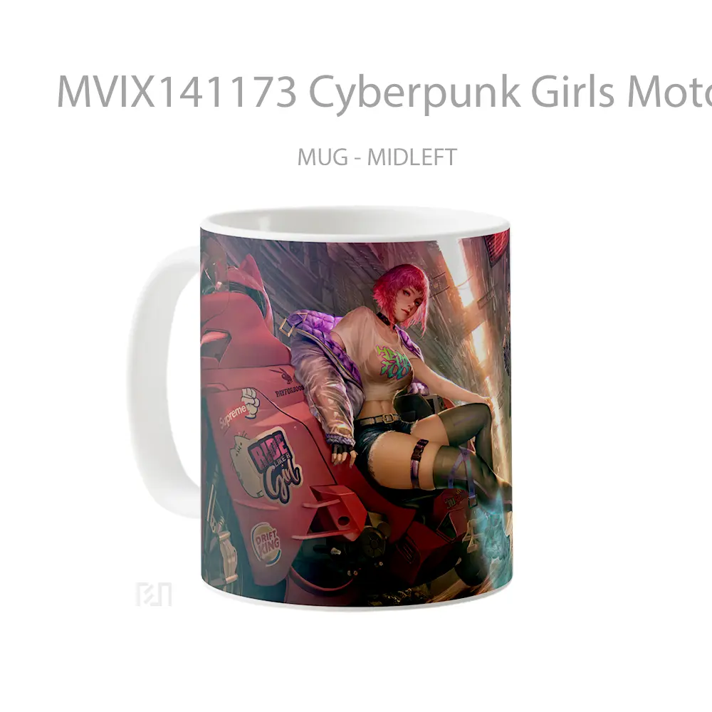 Mug Cyberpunk Girls Motorcycle Sci Fi Gelas Keramik Unik - All-side / Desain