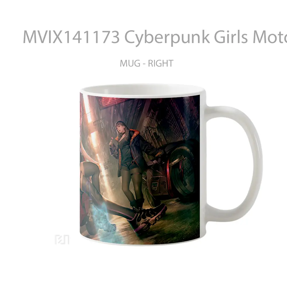 Mug Cyberpunk Girls Motorcycle Sci Fi Gelas Keramik Unik - All-side / Desain
