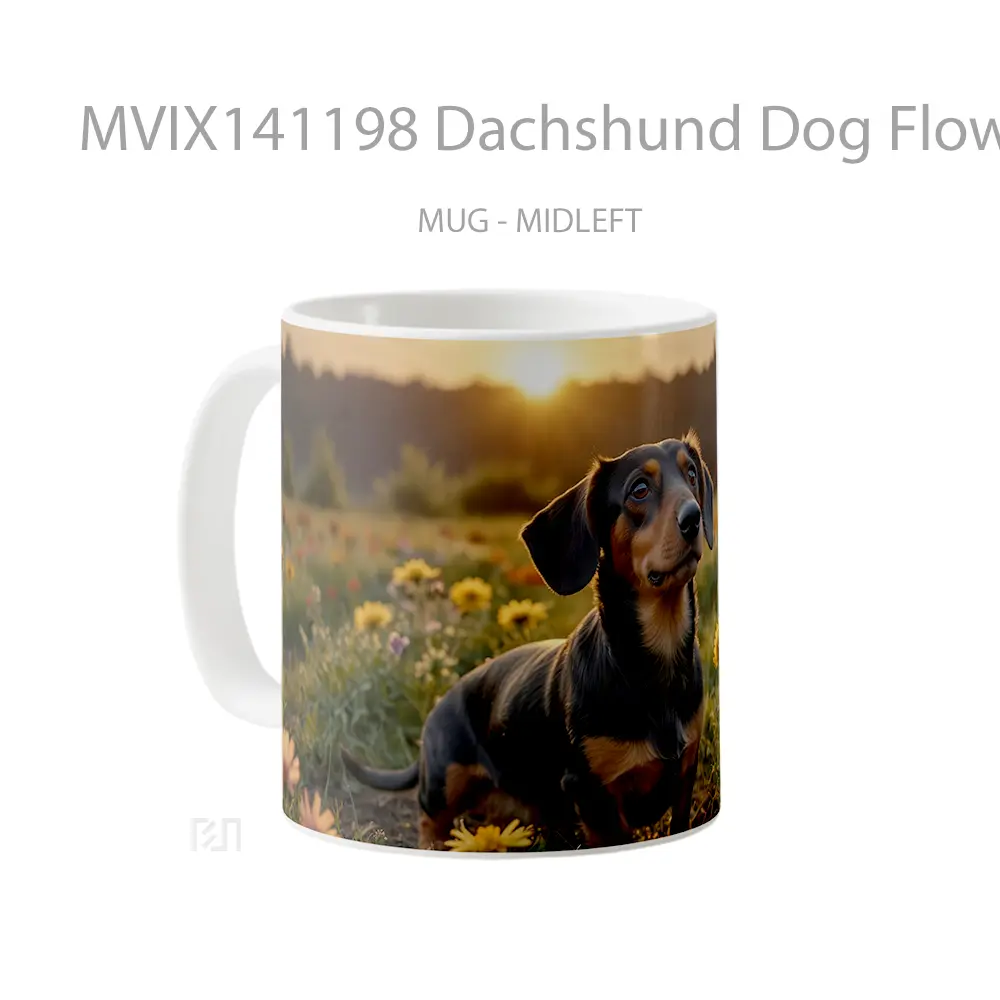 Mug Dachshund Dog Flowers Sunset Animal Gelas Hewan Lucu - All-side / Desain