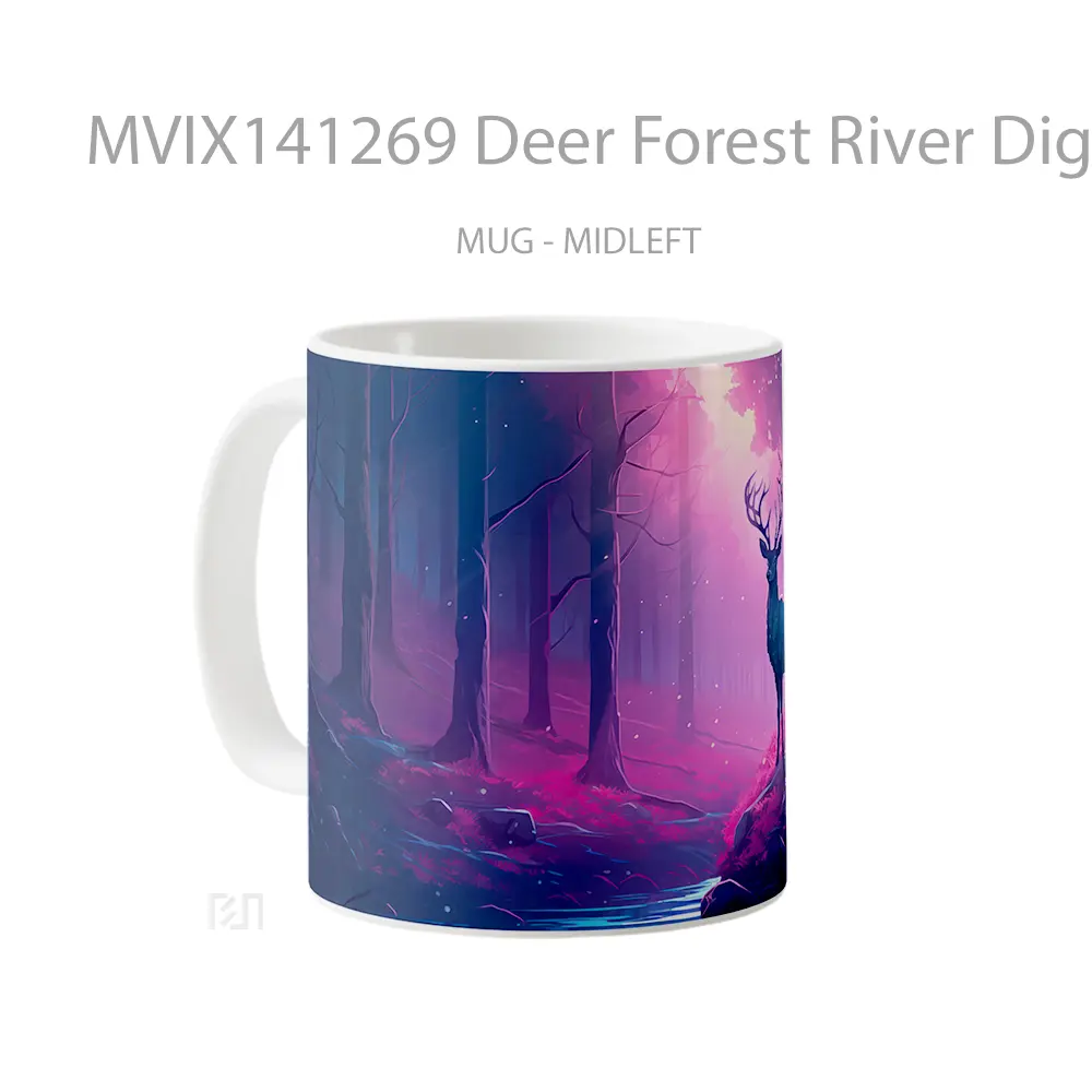 Mug Deer Forest River Digital Art Gelas Pemandangan Alam - All-side / Desain