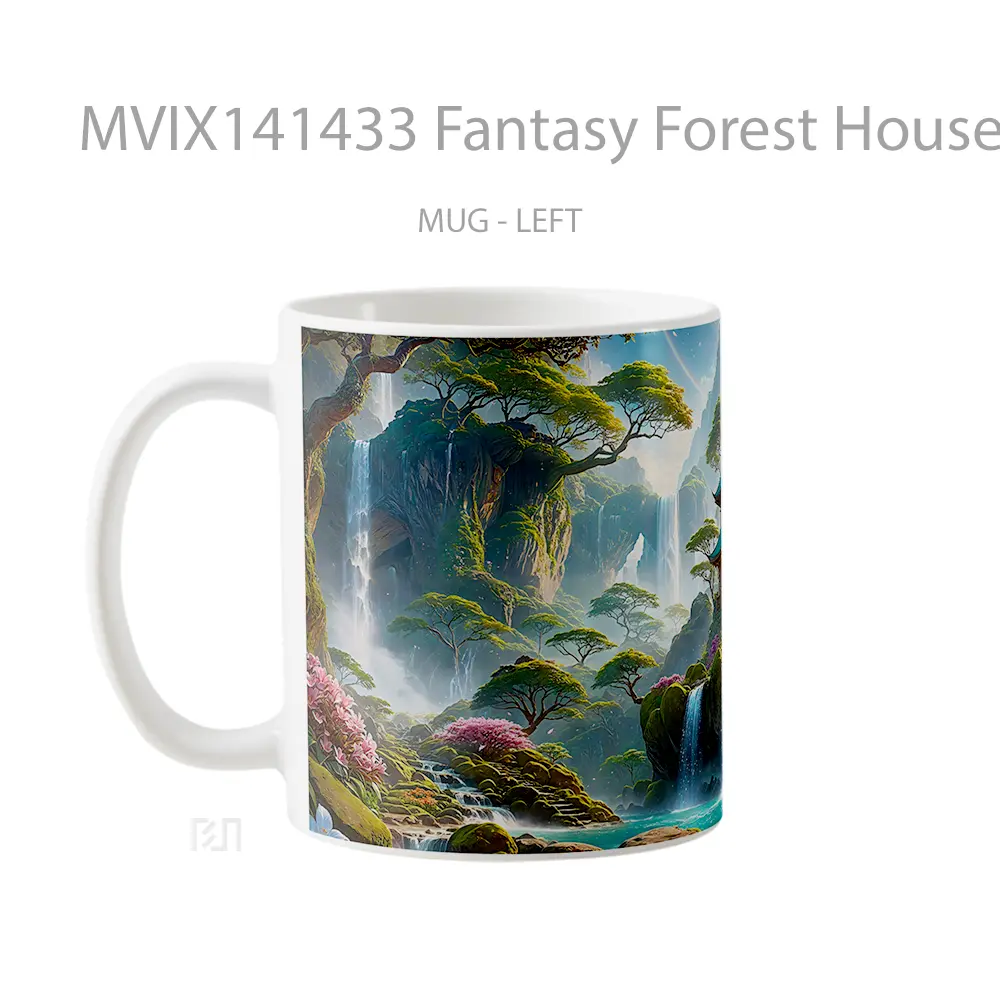 Mug Fantasy Forest House Waterfall Scenery Digital Art Gelas Pemandangan Alam - All-side / Desain