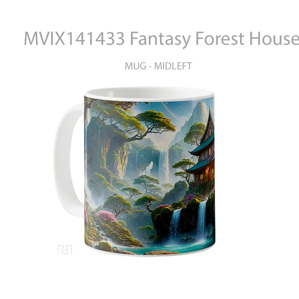 Mug Fantasy Forest House Waterfall Scenery Digital Art Gelas Pemandangan Alam - All-side / Desain