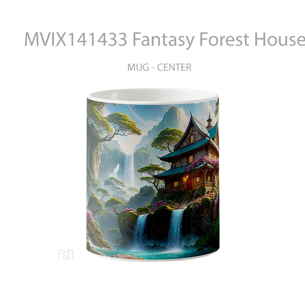 Mug Fantasy Forest House Waterfall Scenery Digital Art Gelas Pemandangan Alam