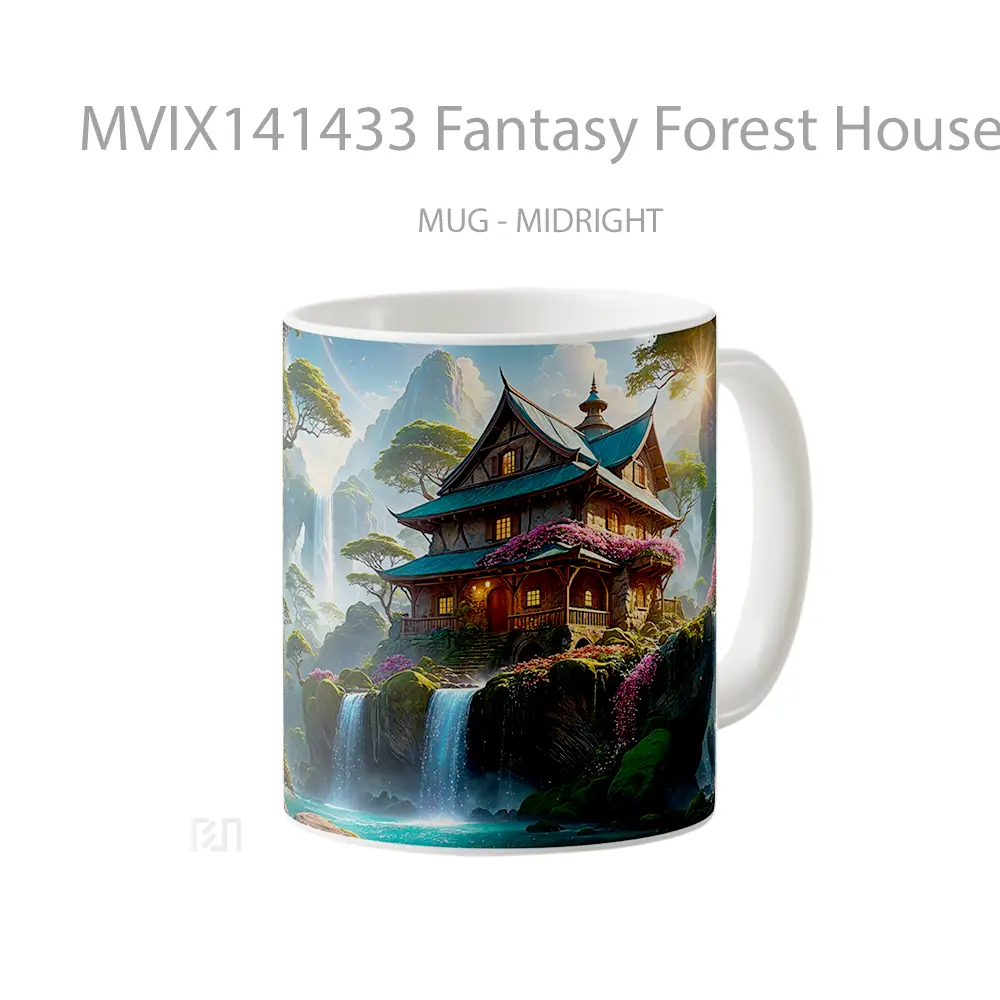Mug Fantasy Forest House Waterfall Scenery Digital Art Gelas Pemandangan Alam - All-side / Desain
