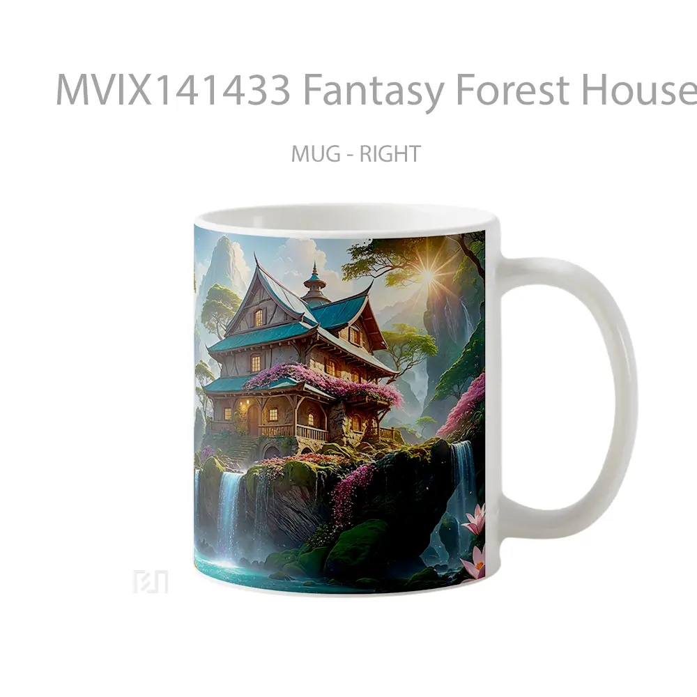 Mug Fantasy Forest House Waterfall Scenery Digital Art Gelas Pemandangan Alam - All-side / Desain