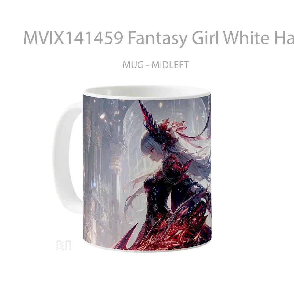 Mug Fantasy Girl White Hair Warrior Sword Gelas Keramik Unik - All-side / Desain