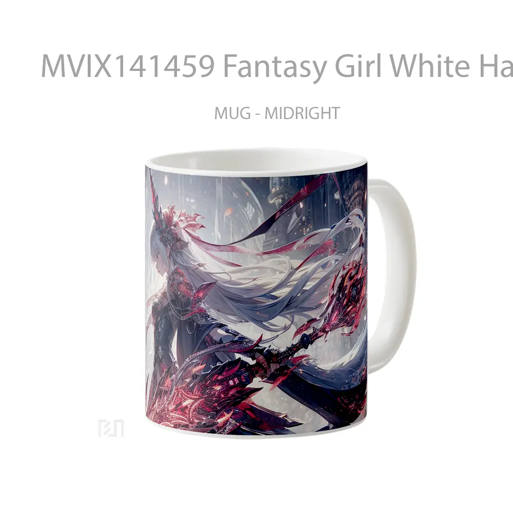 Mug Fantasy Girl White Hair Warrior Sword Gelas Keramik Unik - All-side / Desain