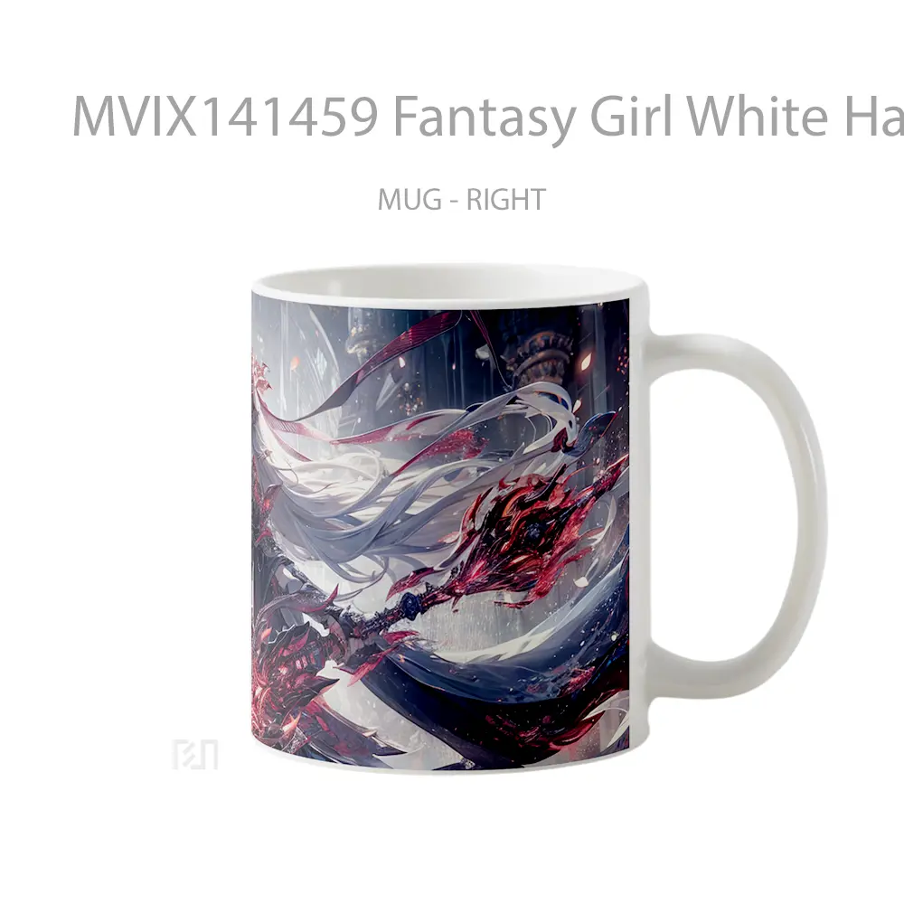 Mug Fantasy Girl White Hair Warrior Sword Gelas Keramik Unik - All-side / Desain