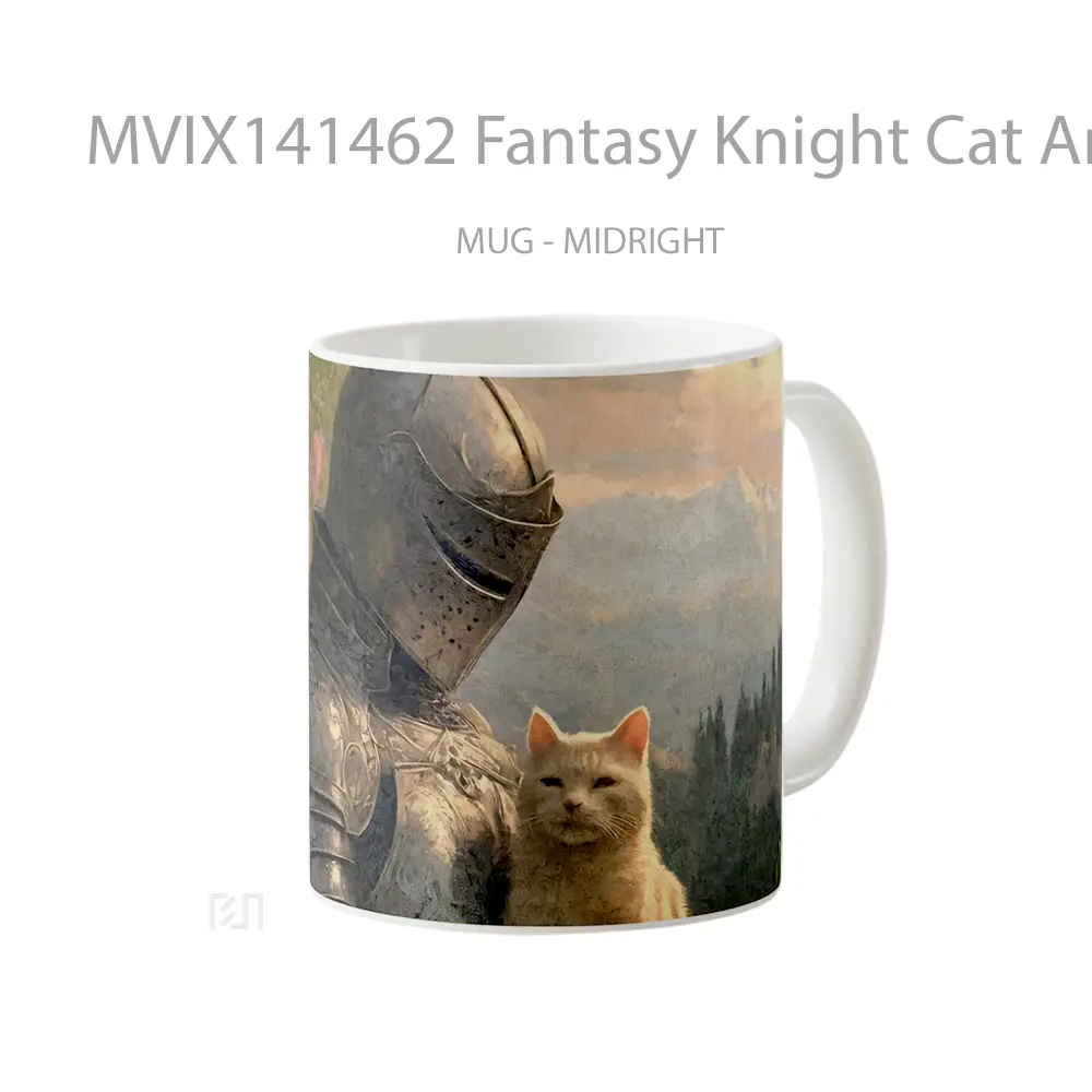 Mug Fantasy Knight Cat Armor Flowers Gelas Hewan Lucu - All-side / Desain