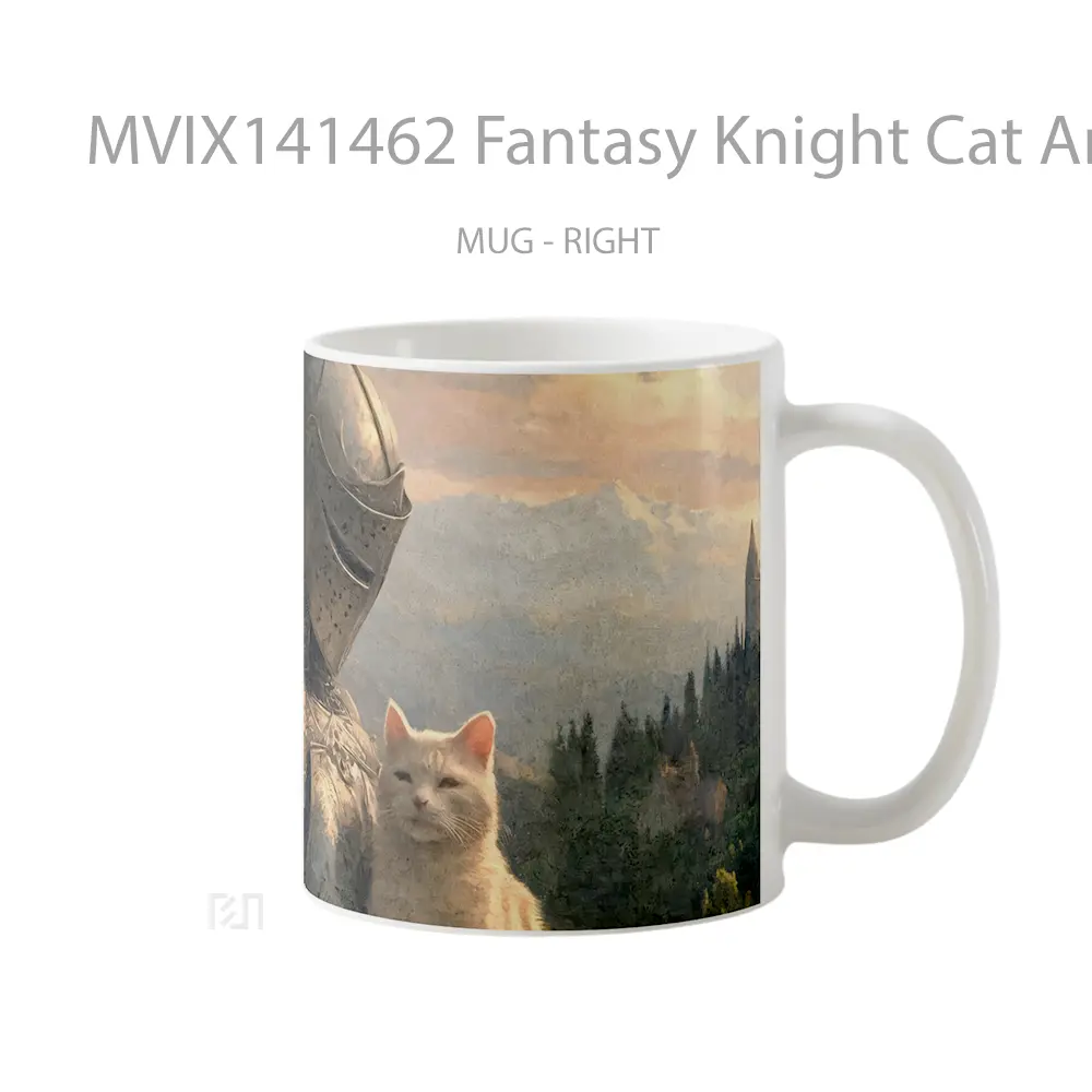 Mug Fantasy Knight Cat Armor Flowers Gelas Hewan Lucu - All-side / Desain