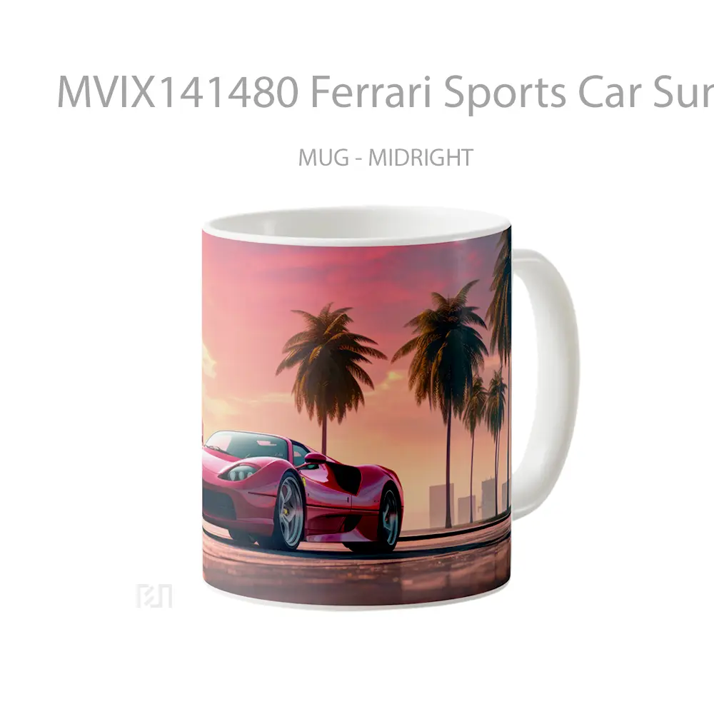 Mug Ferrari Sports Car Sunset Palm Trees Ai Gelas Pemandangan Alam - All-side / Desain