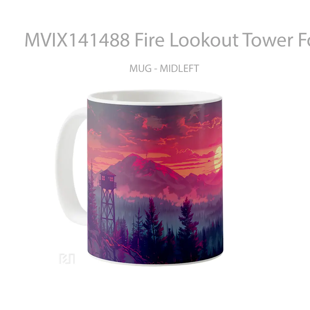 Mug Fire Lookout Tower Forest Sunset Scenery Gelas Pemandangan Alam - All-side / Desain