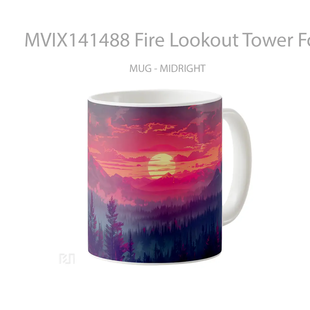Mug Fire Lookout Tower Forest Sunset Scenery Gelas Pemandangan Alam - All-side / Desain
