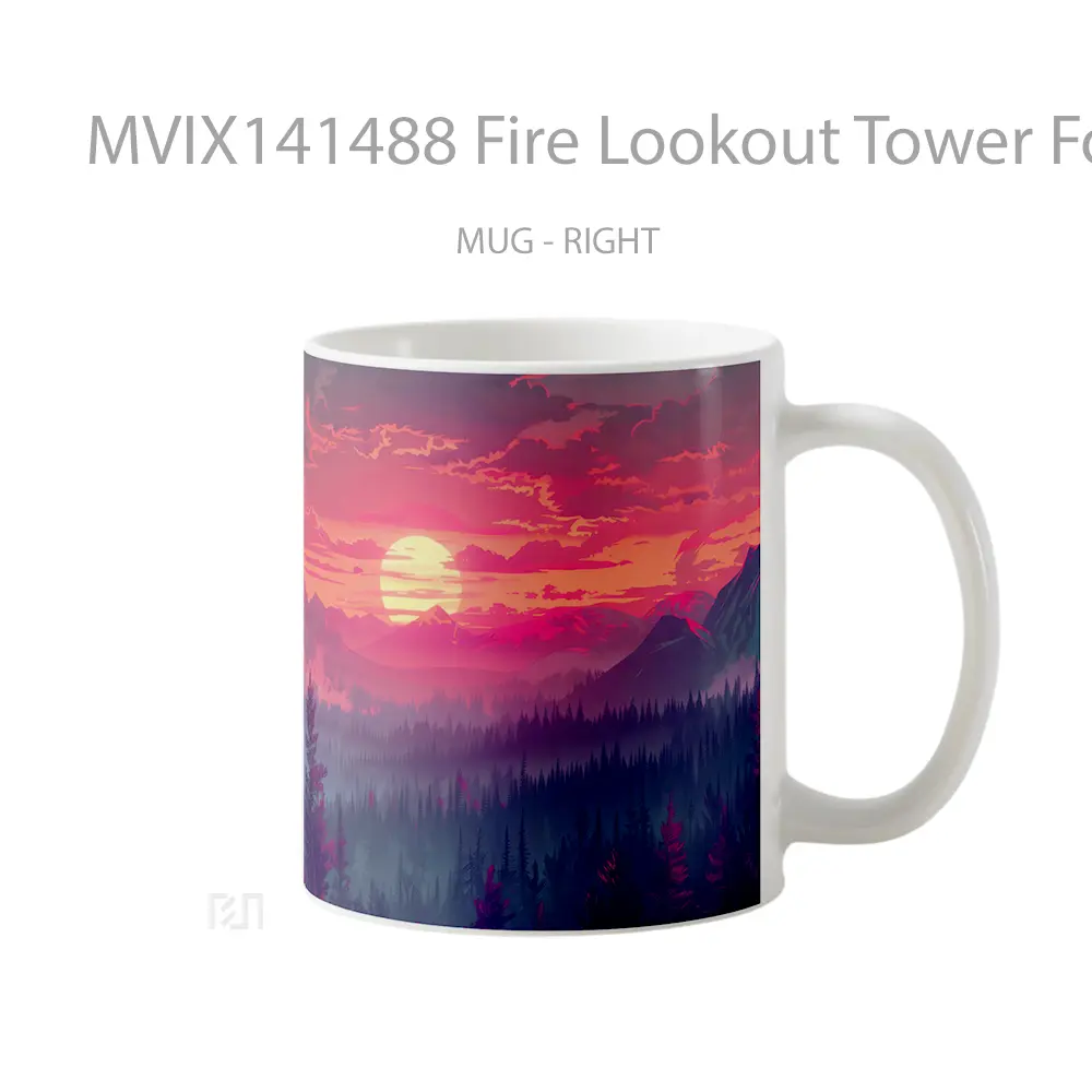 Mug Fire Lookout Tower Forest Sunset Scenery Gelas Pemandangan Alam - All-side / Desain