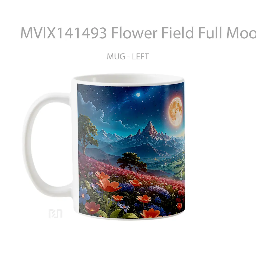 Mug Flower Field Full Moon Night Scenery Digital Artt Gelas Keramik Unik - All-side / Desain