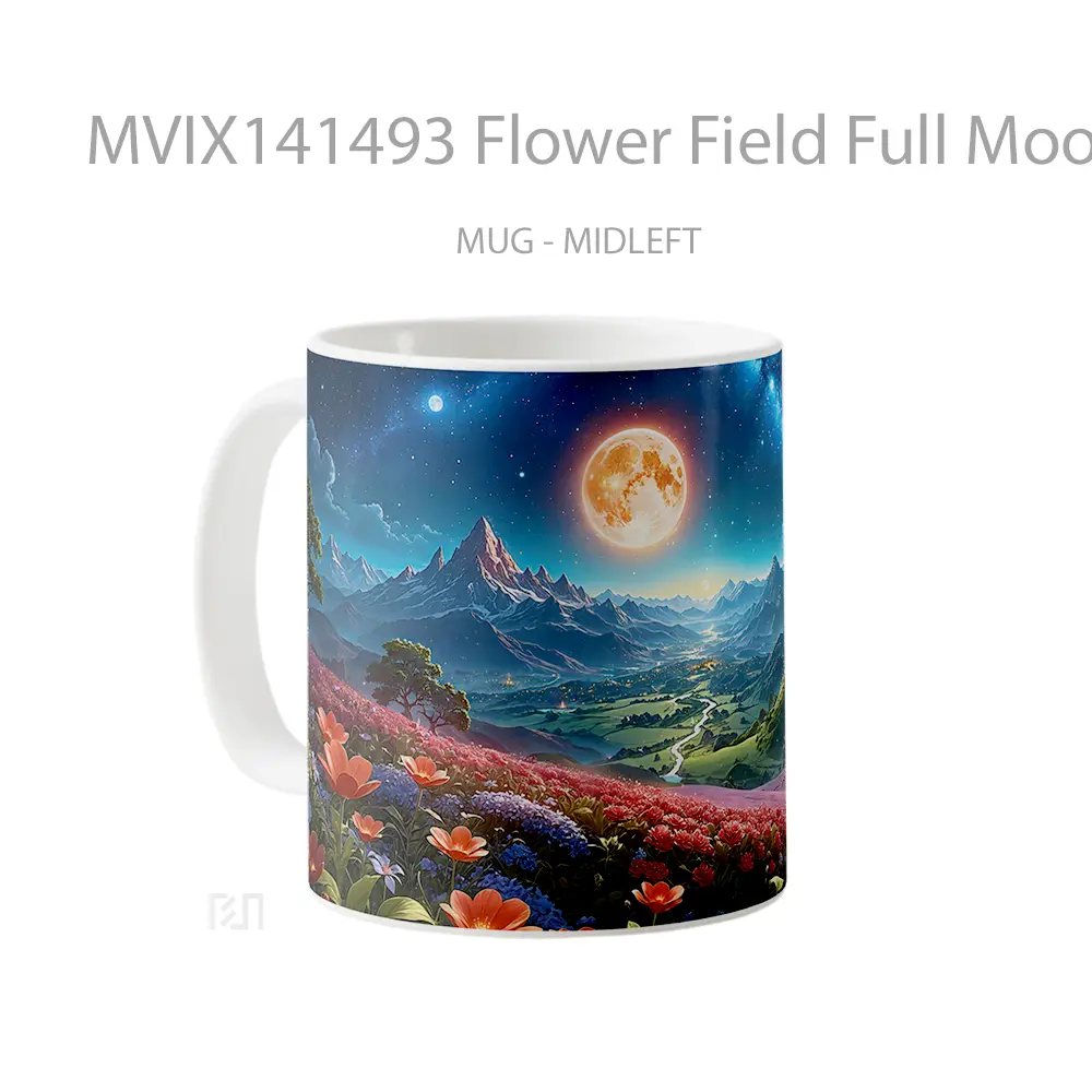 Mug Flower Field Full Moon Night Scenery Digital Artt Gelas Keramik Unik - All-side / Desain