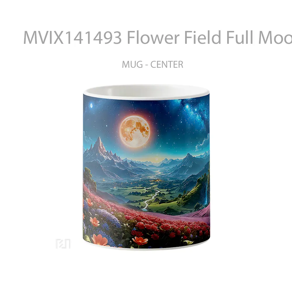 Mug Flower Field Full Moon Night Scenery Digital Artt Gelas Keramik Unik