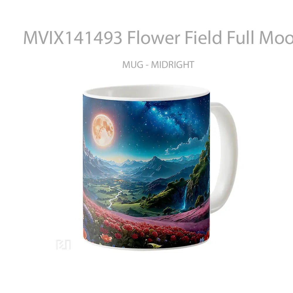 Mug Flower Field Full Moon Night Scenery Digital Artt Gelas Keramik Unik - All-side / Desain