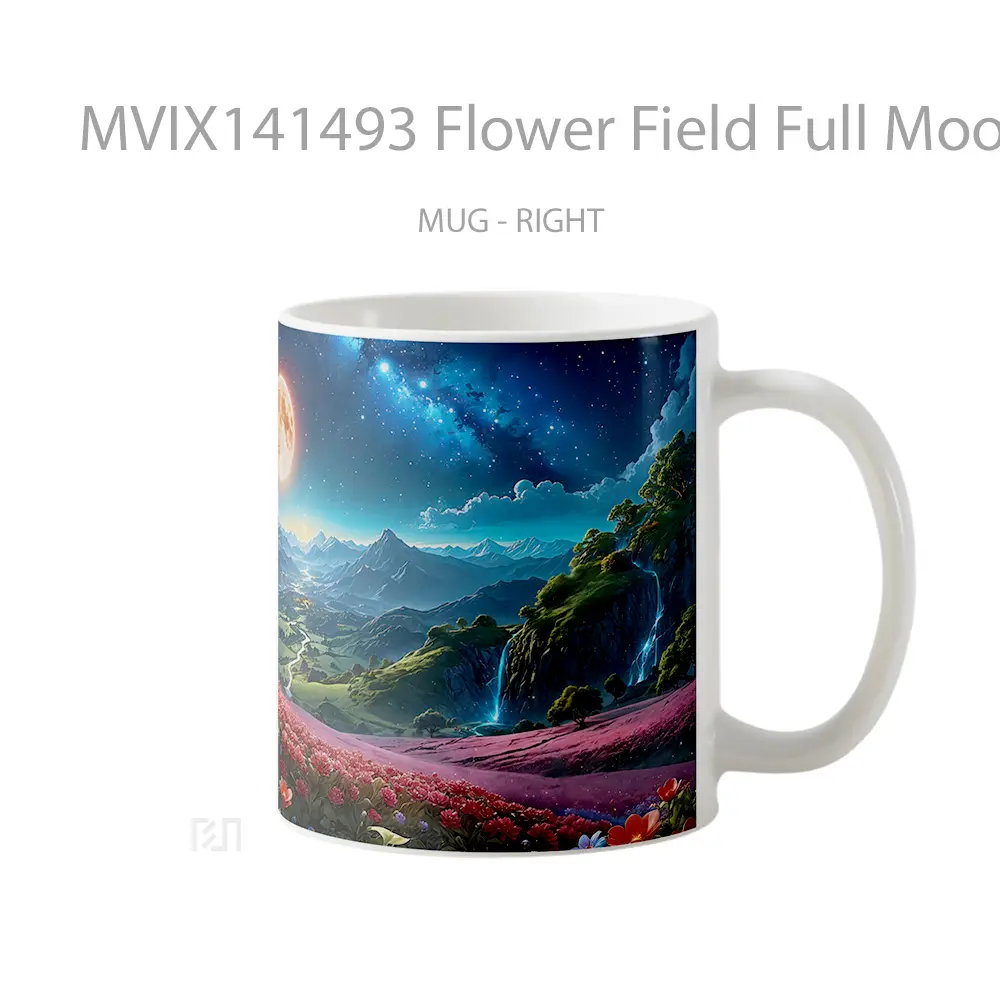 Mug Flower Field Full Moon Night Scenery Digital Artt Gelas Keramik Unik - All-side / Desain