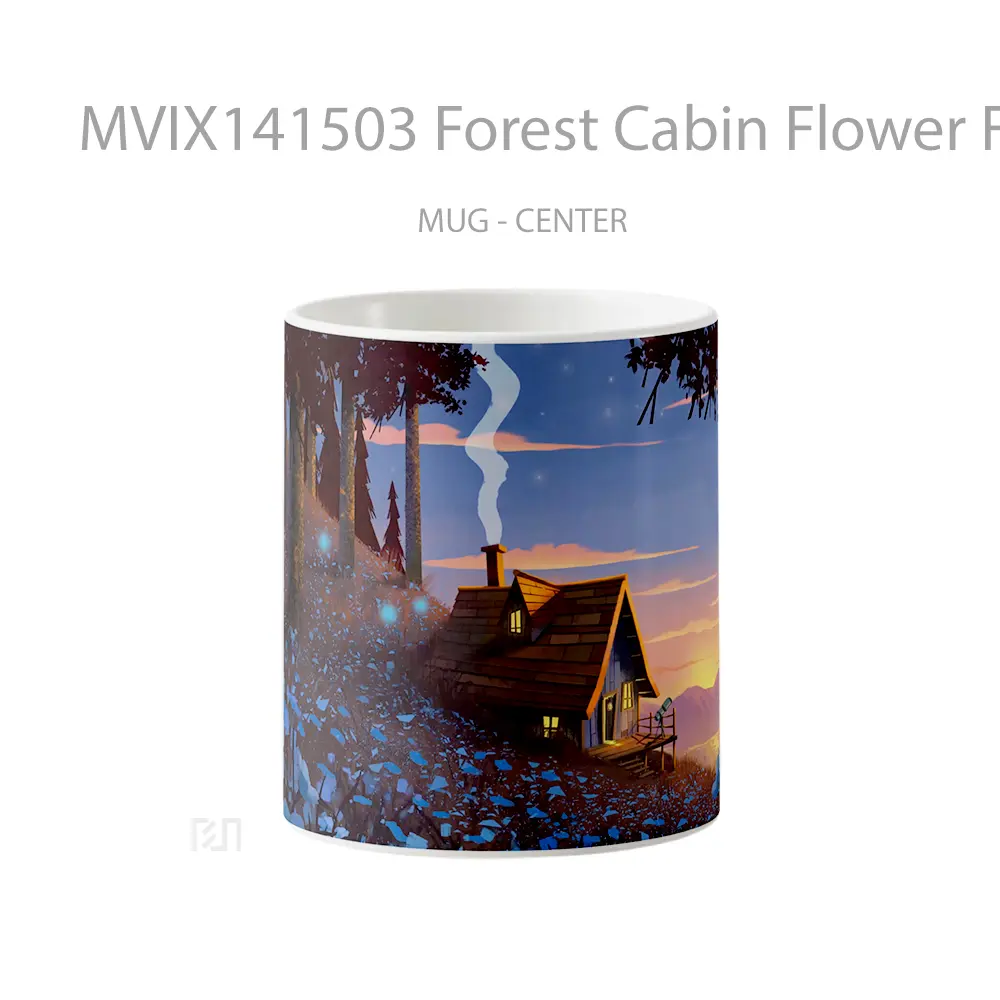 Mug Forest Cabin Flower Field Digital Art Gelas Pemandangan Alam