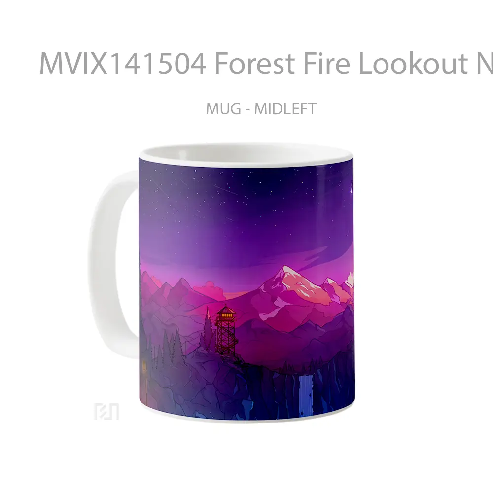 Mug Forest Fire Lookout Night Sky Mountain Waterfall Digital Art Gelas Pemandangan Alam - All-side / Desain