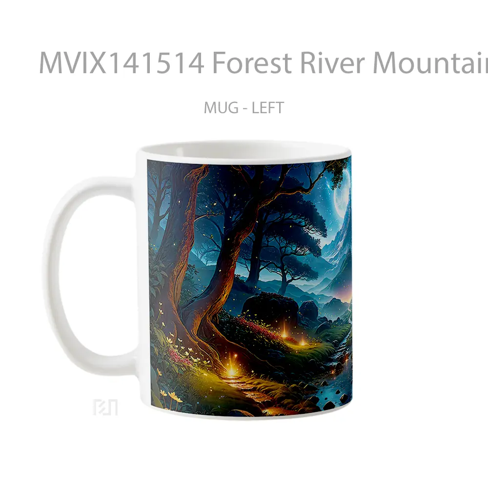 Mug Forest River Mountain Moon Scenery Digital Art Gelas Pemandangan Alam - All-side / Desain
