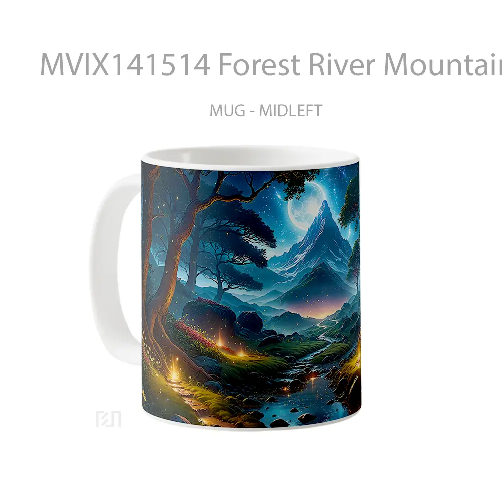 Mug Forest River Mountain Moon Scenery Digital Art Gelas Pemandangan Alam - All-side / Desain