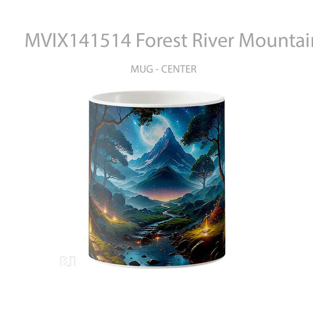 Mug Forest River Mountain Moon Scenery Digital Art Gelas Pemandangan Alam