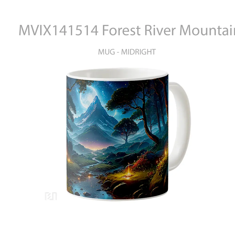 Mug Forest River Mountain Moon Scenery Digital Art Gelas Pemandangan Alam - All-side / Desain