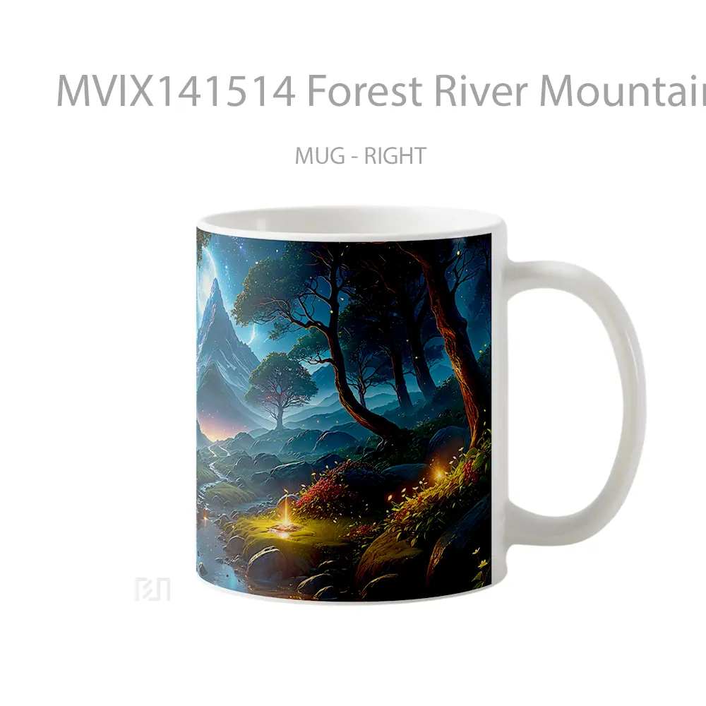 Mug Forest River Mountain Moon Scenery Digital Art Gelas Pemandangan Alam - All-side / Desain