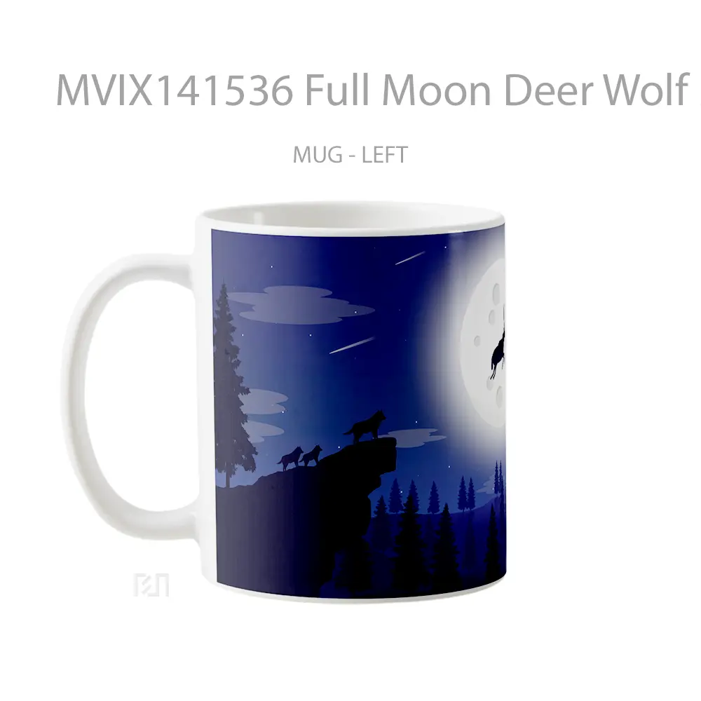 Mug Full Moon Deer Wolf Minimalist Digital Art Gelas Hewan Lucu - All-side / Desain