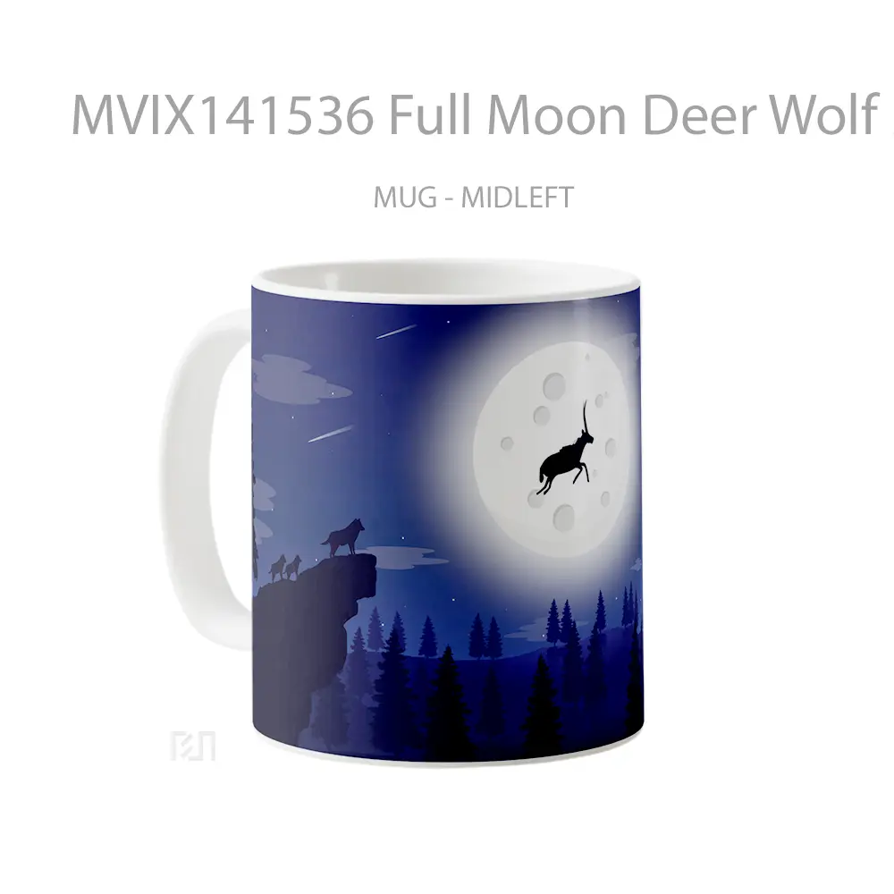Mug Full Moon Deer Wolf Minimalist Digital Art Gelas Hewan Lucu - All-side / Desain