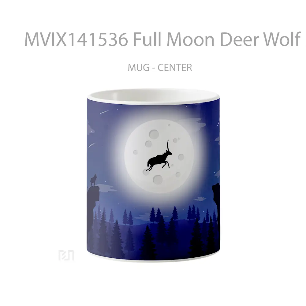 Mug Full Moon Deer Wolf Minimalist Digital Art Gelas Hewan Lucu