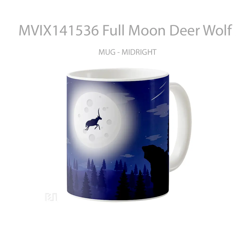 Mug Full Moon Deer Wolf Minimalist Digital Art Gelas Hewan Lucu - All-side / Desain