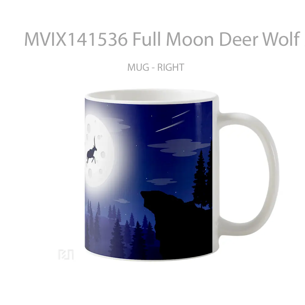 Mug Full Moon Deer Wolf Minimalist Digital Art Gelas Hewan Lucu - All-side / Desain