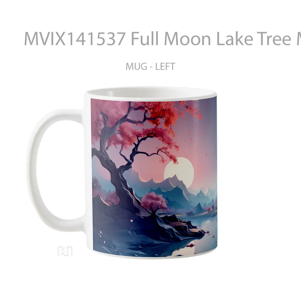Mug Full Moon Lake Tree Mountain Scenery Gelas Pemandangan Alam - All-side / Desain