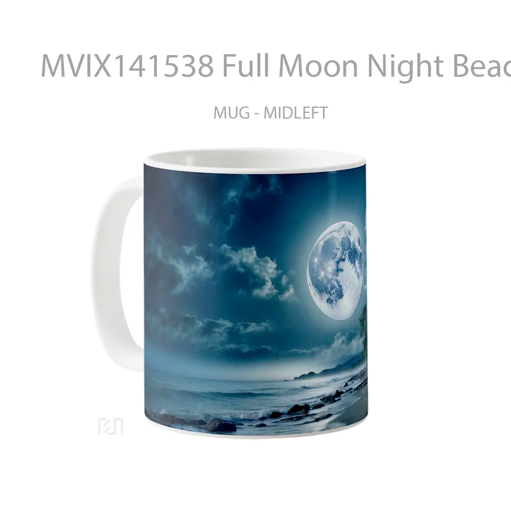 Mug Full Moon Night Beach Waves Ocean Scenery Gelas Pemandangan Alam - All-side / Desain