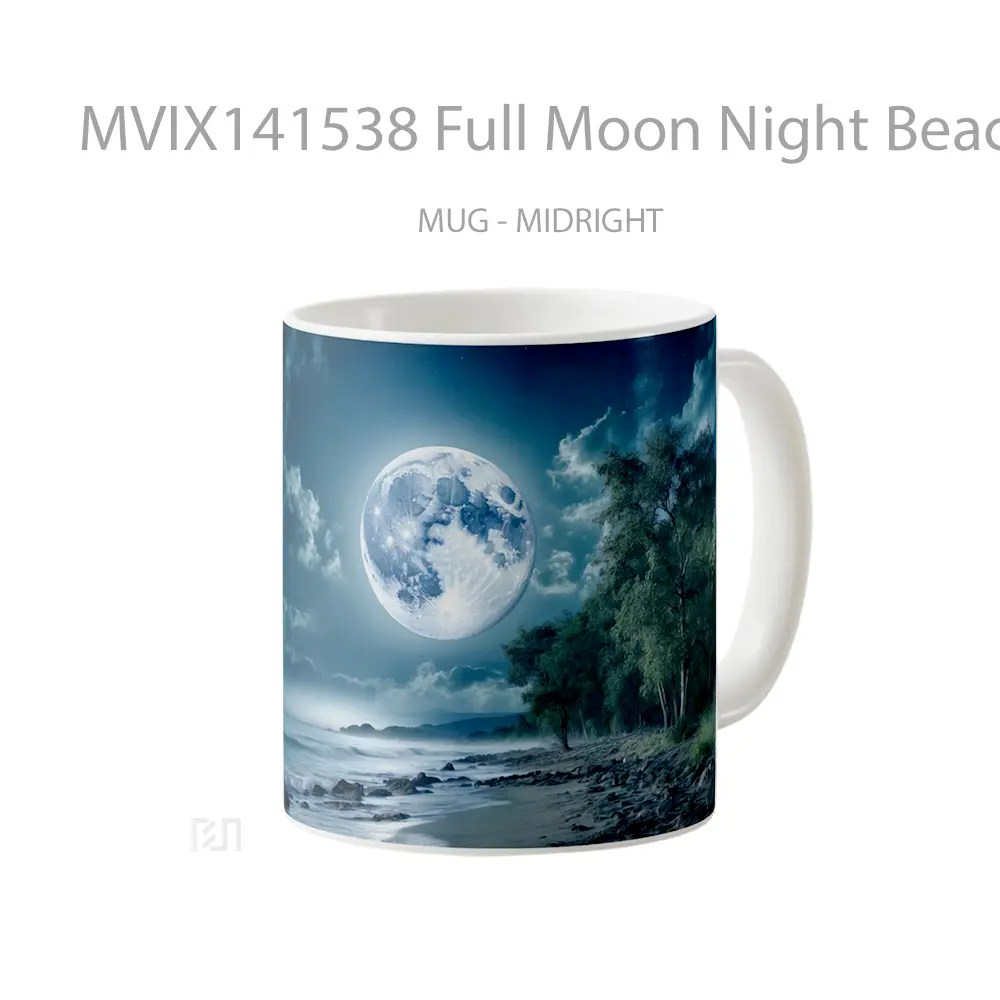 Mug Full Moon Night Beach Waves Ocean Scenery Gelas Pemandangan Alam - All-side / Desain