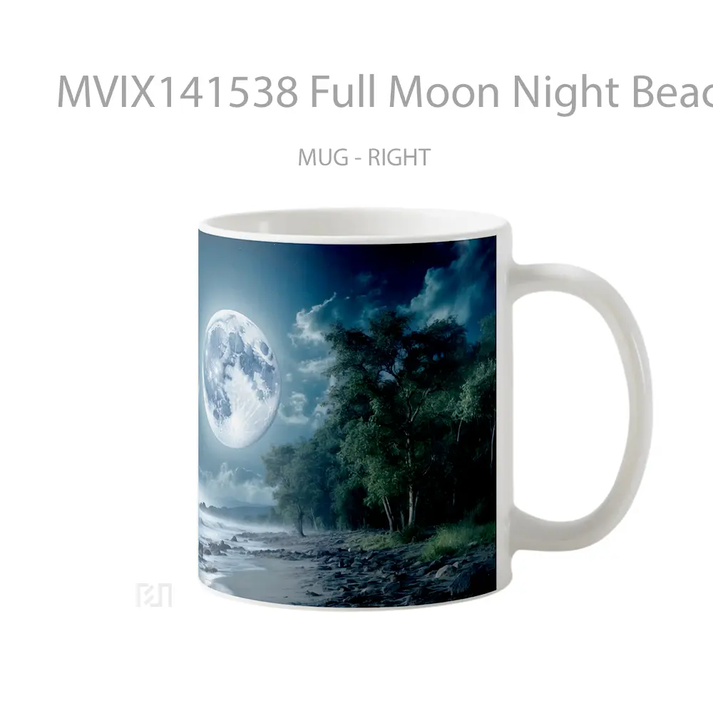 Mug Full Moon Night Beach Waves Ocean Scenery Gelas Pemandangan Alam - All-side / Desain