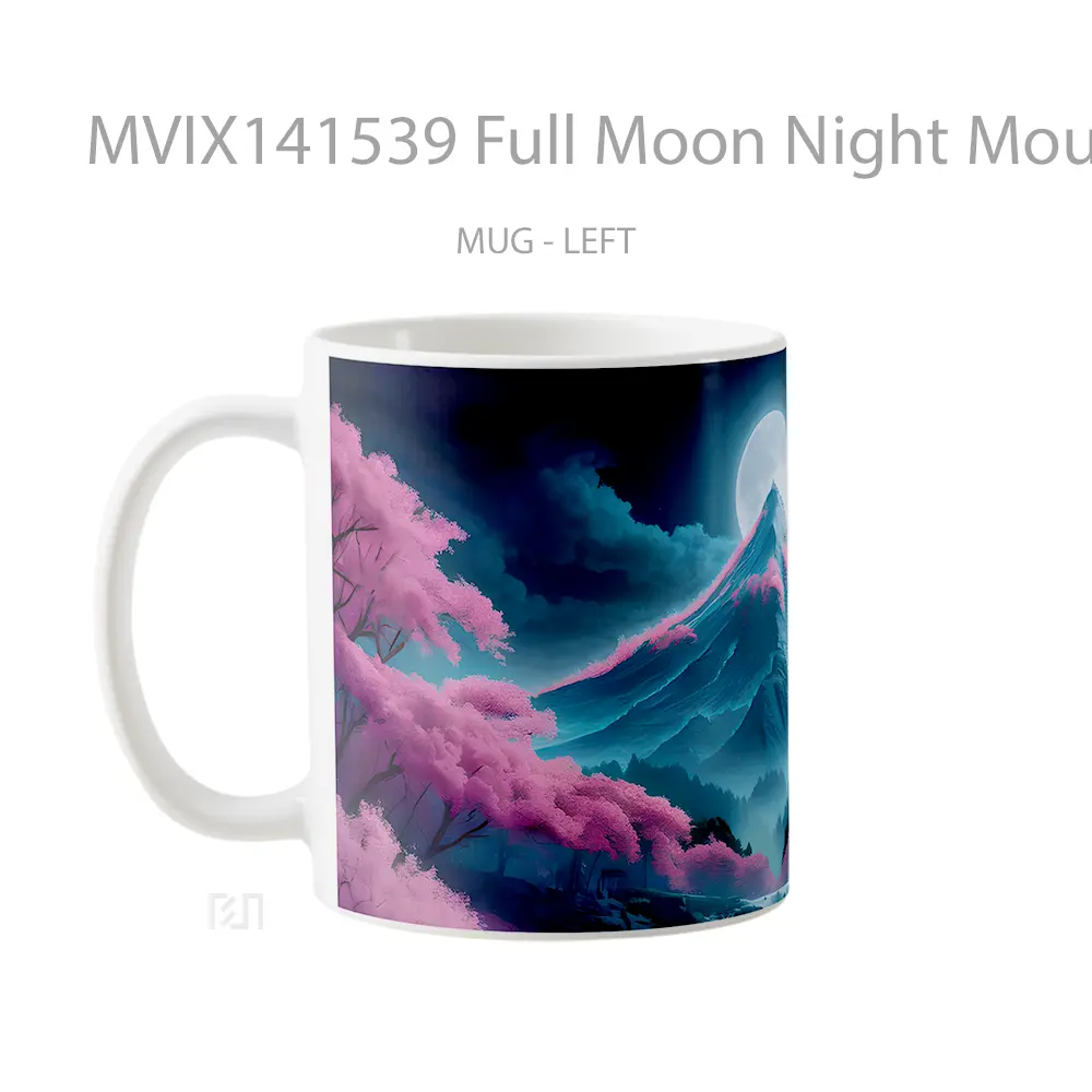 Mug Full Moon Night Mountain Cherry Blossom Scenery Gelas Pemandangan Alam - All-side / Desain