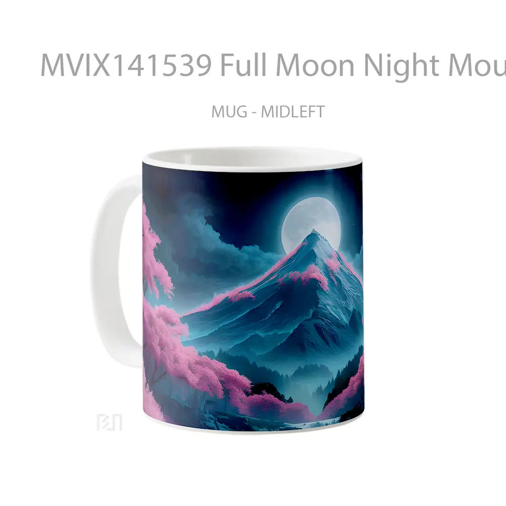 Mug Full Moon Night Mountain Cherry Blossom Scenery Gelas Pemandangan Alam - All-side / Desain