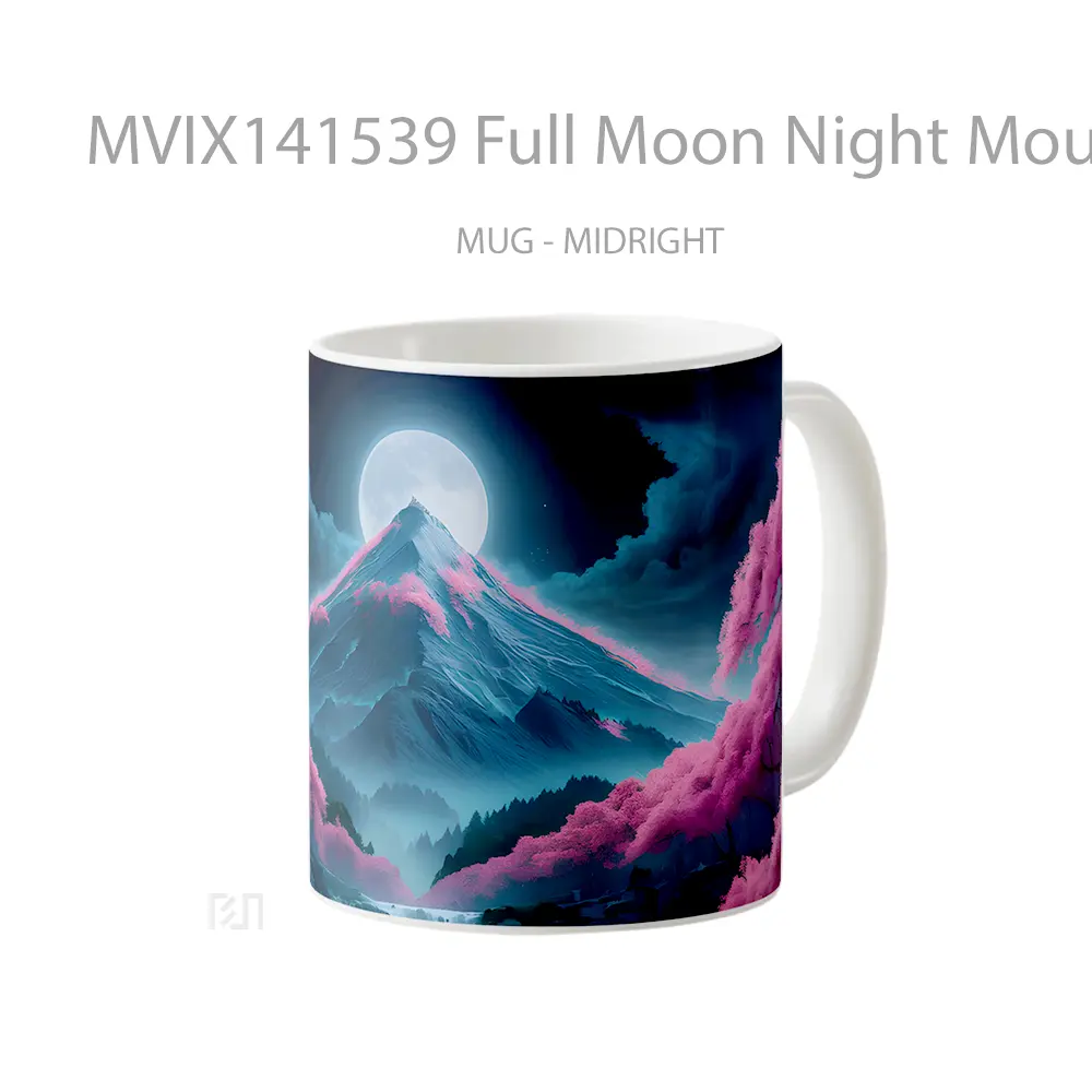 Mug Full Moon Night Mountain Cherry Blossom Scenery Gelas Pemandangan Alam - All-side / Desain