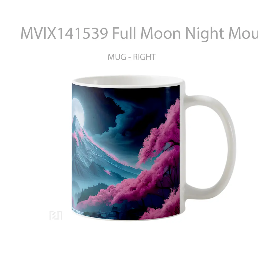 Mug Full Moon Night Mountain Cherry Blossom Scenery Gelas Pemandangan Alam - All-side / Desain