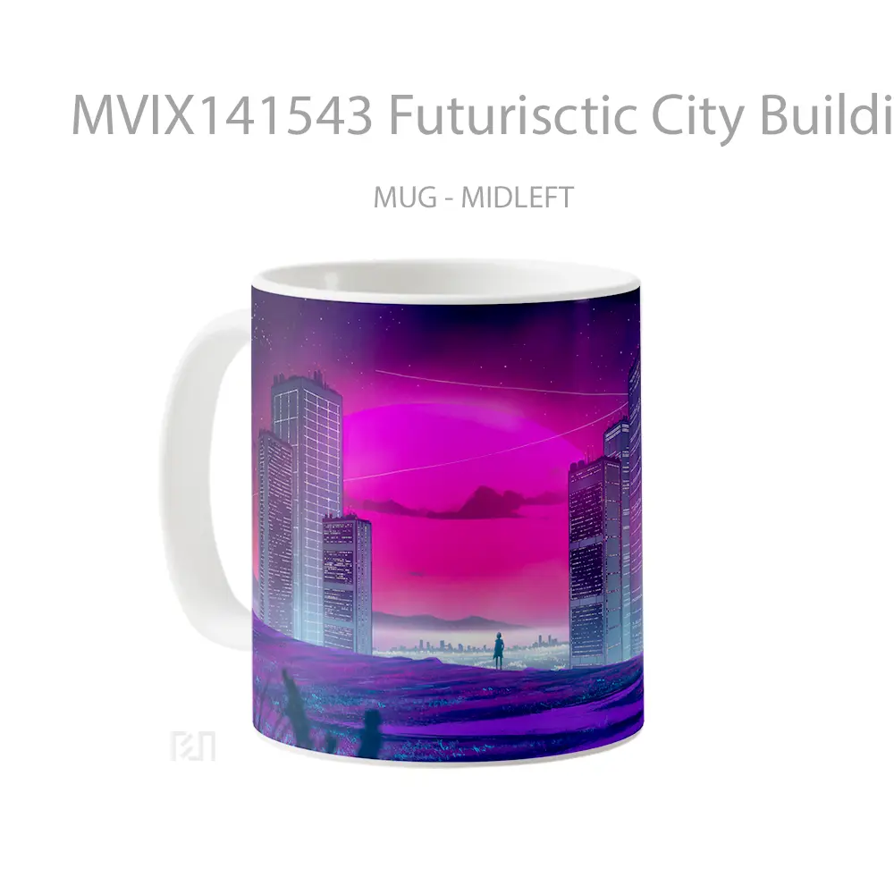 Mug Futurisctic City Building Night Sky Moon Sci Fi Digital Art Gelas Pemandangan Alam - All-side / Desain